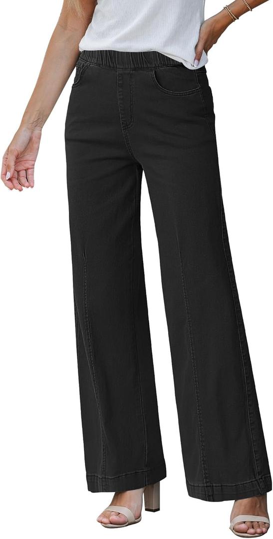 GRAPENT Pull On Womens Jeans Baggy Stretchy High Waisted Denim Wide Leg Trouser Pants Trendy Front Seam 90s Loose Jean (Medium, True Black)