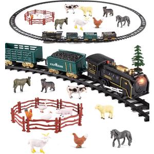 Farm Toy Train Set, Electric Steam Train Engine with Light & Sound, Include 12 Animal Figures, Miniature Toys for Kids, Cake Topper Bulk Toddler Stocking Stuffers Gift for 3 Year Old & Up Boy Girl