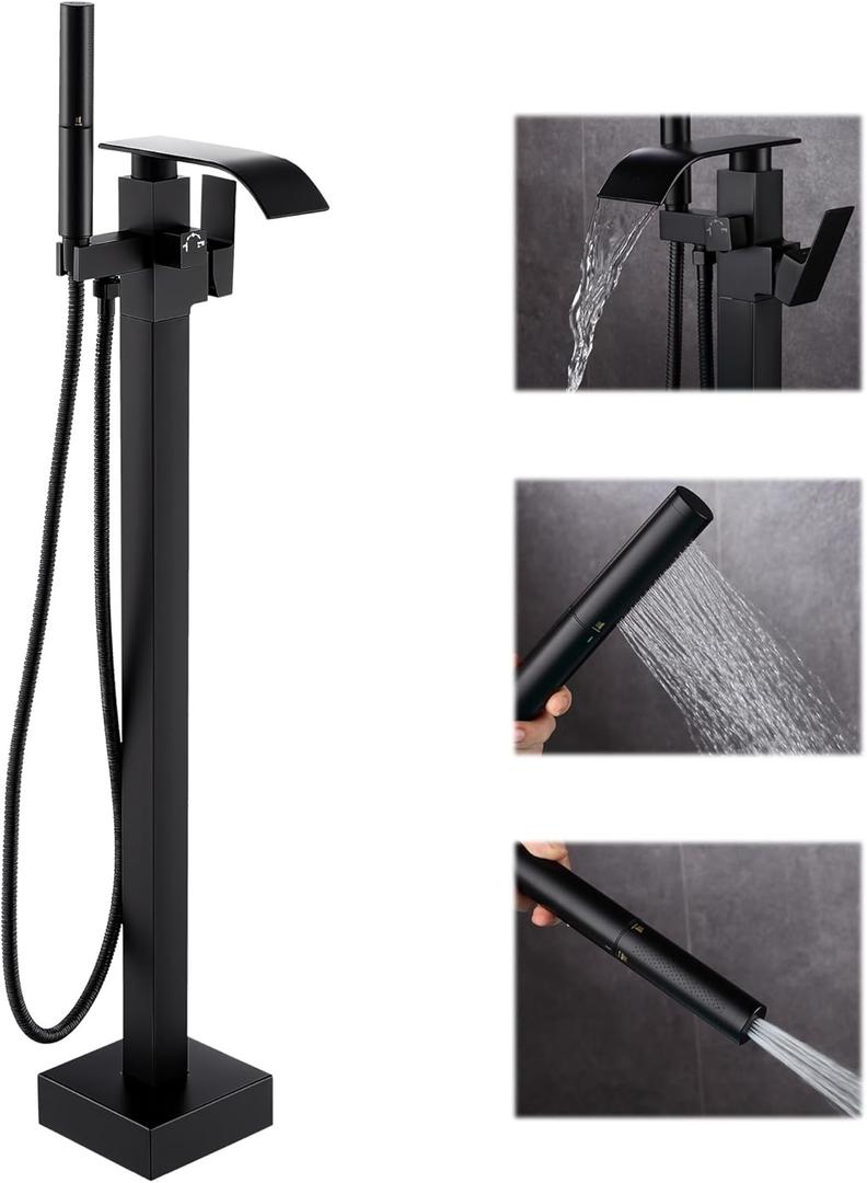 Waterfall Freestanding Bathtub Faucet, Floor Mount Bathroom Tub Filler Shower Faucets with Handheld Sprayer, Matte Black