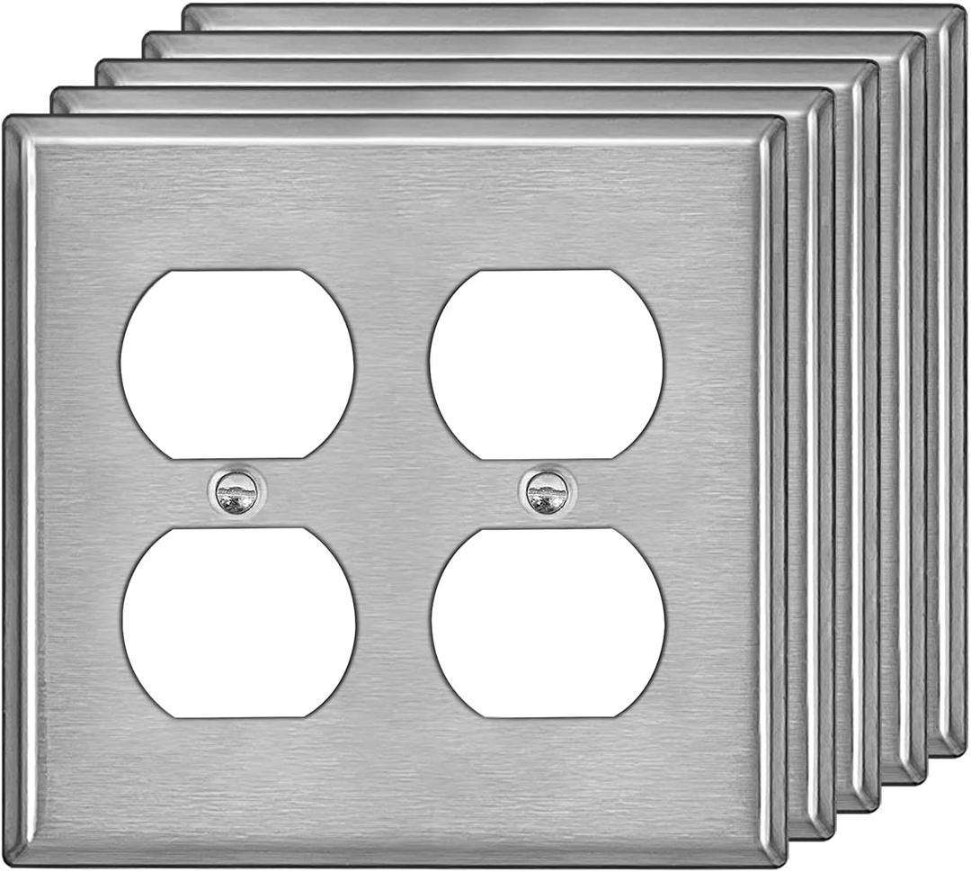 [5 Pack] BESTTEN 2-Gang Duplex Stainless Steel Wall Plate with Protective Film, Standard Size, Corrosion Resistant Metal Outlet Cover, Industrial Grade, Brushed Finish, Silver