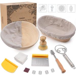 CODOGOY Banneton Bread Proofing Basket Set, Sourdough Bread Baking Supplies with 9" Round & 10" oval Handmade Natural Rattan Proofing Basket and Complete Bread Making Tools