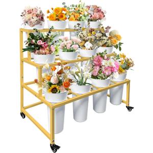 PROLEE Flower Stand with 12 Buckets, Flower Display Stand with Wheels, Flower Cart, Moving Florist Bouquet Shelf, Rectangular, Gold