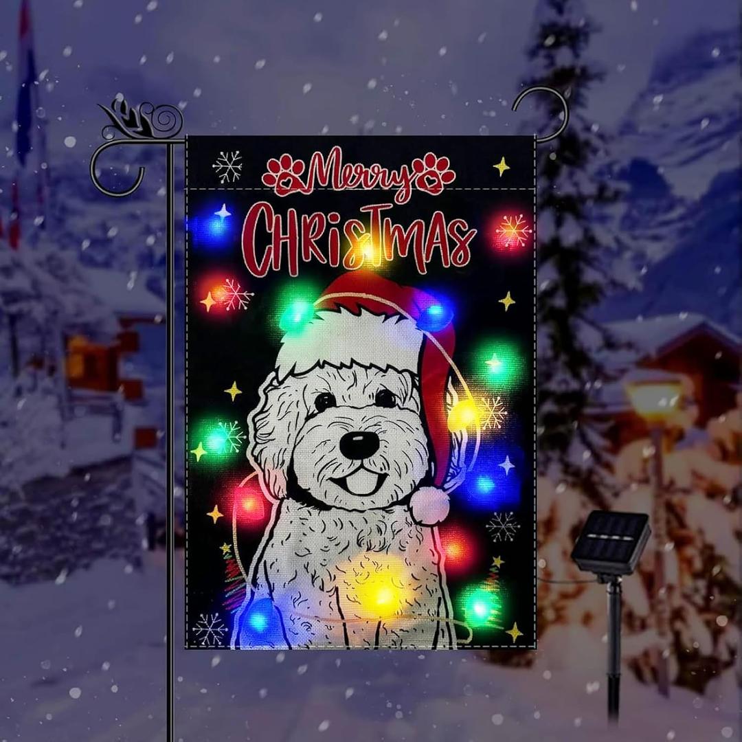 Christmas Garden Flag Lighted Xmas Golden Doodle Flags for Outside Solar Led Double Sided Burlap Winter Holiday Dog Decorations Yard Lawn Outdoor Decor 12.5 x 18 Inch
