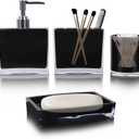 4-Piece Sleek Black Acrylic Bathroom Accessories Set Soap Dispenser, Toothbrush Holder, Soap Dish & Mouthwash Cup, Vanity Countertop Organizer for Modern Black Bathroom Decor