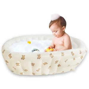 Inflatable Baby Bathtub with Built in Pump, Collapsible Safe Baby Bathtub for Newborns and Baby, Non-Slip Travel Mini Swimming Pool for Babies 0-5 Years Old - Bear (Beige)