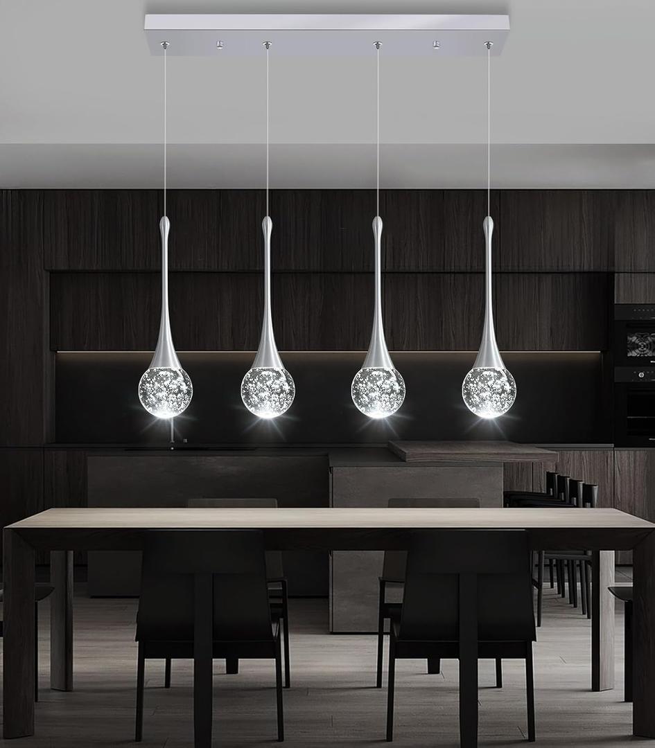 4-Lights Modern Pendant Lights for Kitchen Island LED Dimmable Crystal Glam Ceiling Pendant Lighting Chandelier for Dining Room Hallway Bedroom Silver