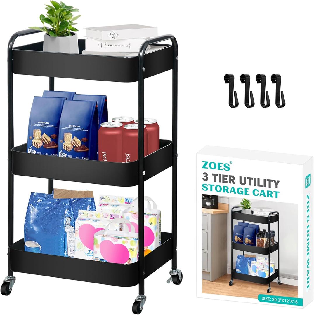 3 Tier Rolling Cart, Metal Utility Cart with 4 Hooks, Rolling Storage Cart on Wheels, Small Organizer Cart for Nursery, Kitchen, Living Room, Bathroom, Black