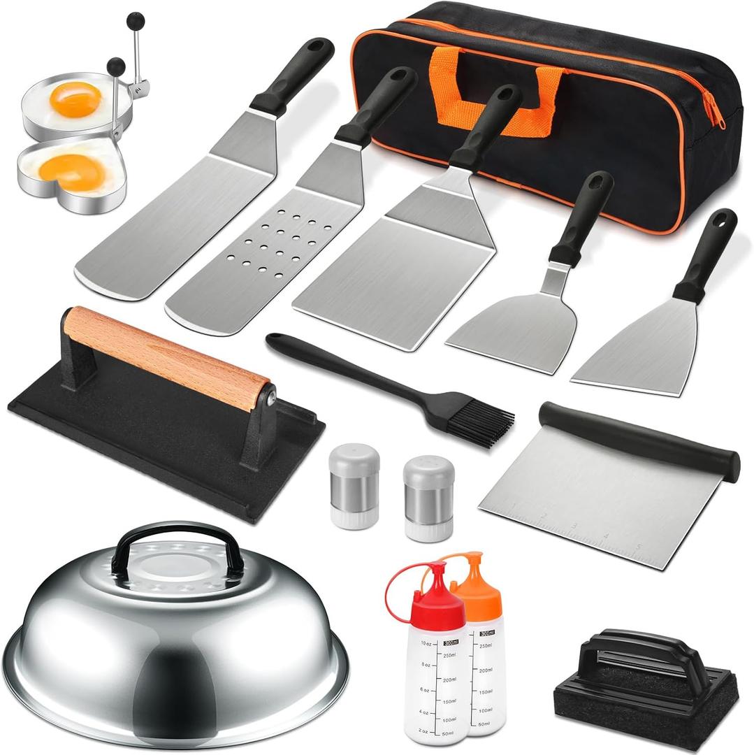 18PCS Griddle Accessories Kit, Flat Top Grill Accessories Set for Blackstone and Camp Chef, Grill Spatula Set with Enlarged Spatulas, Basting Cover, Scraper for Outdoor BBQ