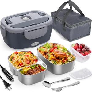 Vabaso Electric Lunch Box for Adults, 80W Heated Lunch Box with 2 Stainless Steel Container, 1.5L Portable Food Warmer for Work Men Car Truck, 110V/12V/24V/220V (Eternal Gray)