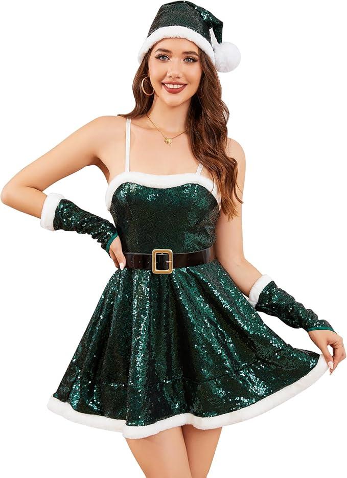 TRIWORKS Christmas Lingerie for Women Santa Dress Costume Set Christmas Sequin Dress with Xmas Hat Belt Gloves (XL, Green)
