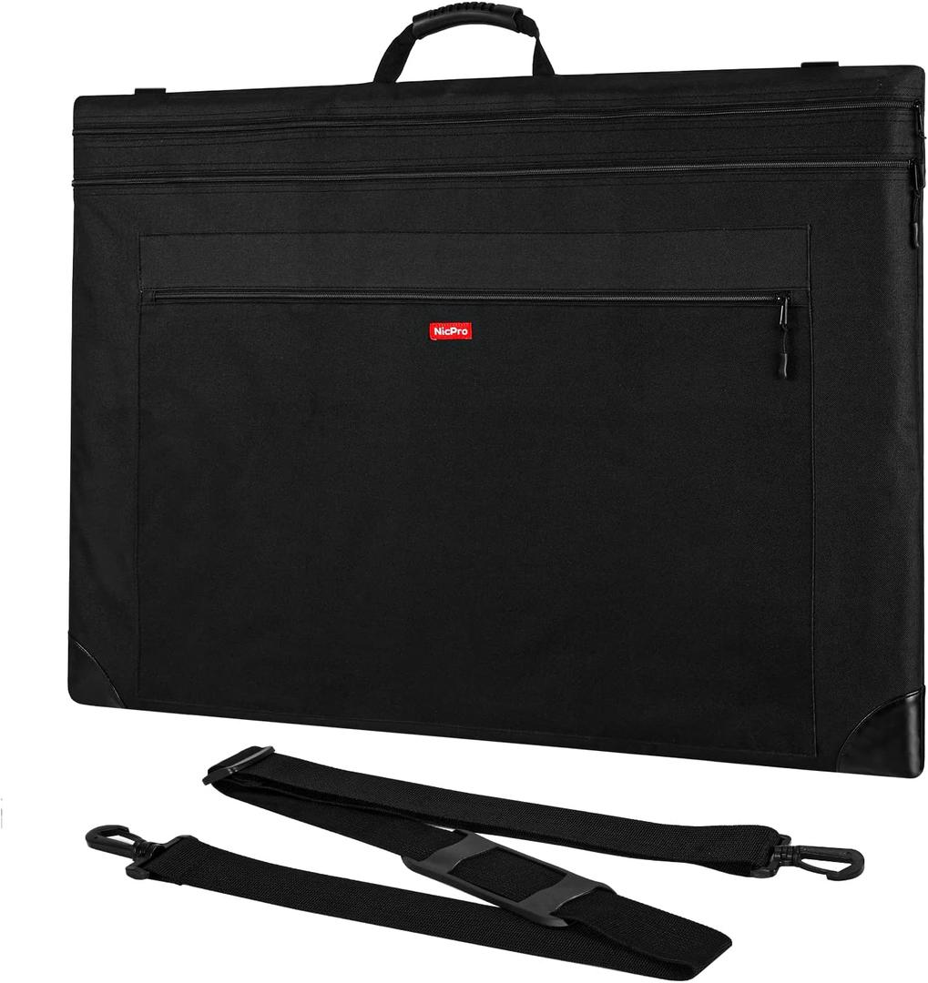 Nicpro Light Weight Art Portfolio Bag, 24" x 36" Art Canvas Portfolio Case | with Detachable Shoulder Strap, Leather Corners, Carrying Storage Case for Artwork, Poster, Sketching, and Drawing, Black