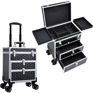 FRENESSA Professional Rolling Makeup Case Aluminum Trolley Train Case with 360 Swivel Wheels for Makuep Artist Travel Cosmetic Organizer with Sliding Drawers for Nail Tech Hairstylist Barber, Black