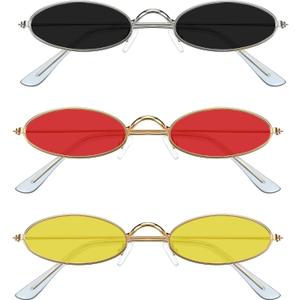 3 Pieces Vintage Oval Sunglasses Retro Slender Metal Frame Oval glasses Small Vintage Sunglasses Candy Colors for Men Woman (Grey Lens, Red Lens, Yellow Lens)