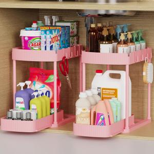 2 Pack Multi-Purpose Pull-Out Storage Organizers, Under Sink & Cabinet Organizers, 12.8 Inch Pink 