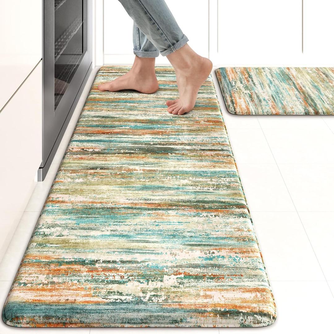 KIMODE Kitchen Mats Cushioned Anti Fatigue 17"x47"+17"x29", Abstract Farmhouse Kitchen Mats for Floor 2 Piece, Padded Kitchen Floor Mats Non Slip, Standing Mat for Laundry Office Sink Desk Colorful