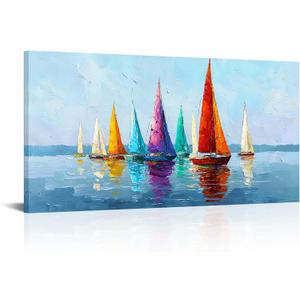 Derkymo Sailboat Wall Art Coastal Picture Ocean Canvas Print Artwork for Home Wall Decoration Ready to Hang, 20"x40"