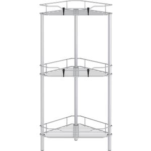 HuggieGems 3 Tier Floor Standing Corner Shower Caddy Organizer Shelf with Hooks, Bathroom Shelves Stand Rack, Silver