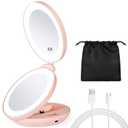 KEDSUM Upgraded Rechargeable Lighted Travel Makeup Mirror, 1X/10X Travel Magnifying Mirror with Light, Compact Makeup Mirror with LED Lighted, Double Sided Folding Mirror, Portable, Pink