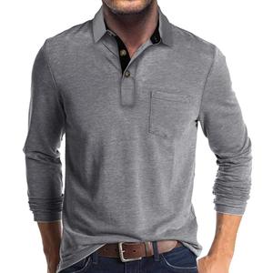 Men's Long Sleeve Polo Shirts Casual Button Classic Work Shirt Cotton Collared Basic Golf Shirt with Pocket (XX-Large, Gra)