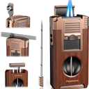 Torch Lighter with Cutter, Punch, Holder, Draw Enhancer Tool, and Dual Windproof Jet Flames, Refillable Butane Lighters with Gift Box, Multi-Function Lighter Accessories, Cool Lighters for Men (Yellow Peach Wood Grain)