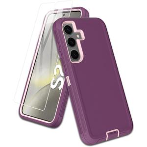 for Samsung Galaxy S24-Plus Case, with Screen Protector, Port Protection, Full-Body Silicone Rubber Covered, 3-Layer Combo Drop-Proof Cover Phone Case for S24 Plus 5G(2024), Pink/Purple