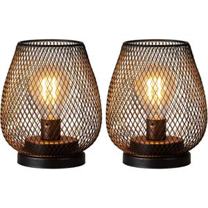 NEEDOMO Set of 2 Battery Operated Lamp Outdoor Table Lantern, LED Metal Cage with Timer Mode, Vintage Decorative Lights Cordless Lamp Indoor Outdoor Patio Bedroom Living Room 