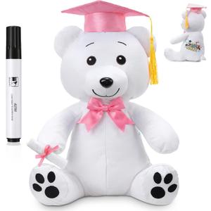 Zomiboo Graduation Bear Autograph Stuffed Animal 2026 Smooth Fabric Stuffed Bear Toy with Congrats 12 Inches Grad Plush Autograph with Marking Pen Gold Tassels for Graduate Student Party(Pink)