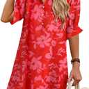 Womens Summer Shirt Mini Beach Dresses | Flowy Shift Dress, Button V Neck, Polo Collar, Ruffle Short Sleeve, Floral Boho Style, Casual Vacation Outfits with Pockets (Red, S)