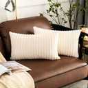 UGASA Pack of 2, Velvet Pillow Covers Striped, Soft Textured Throw Cushion Case Set, Accent Corduroy Lumbar Pillowcases with Hidden Zipper for Home Decor Indoor Outdoor (12"x20", Cream)