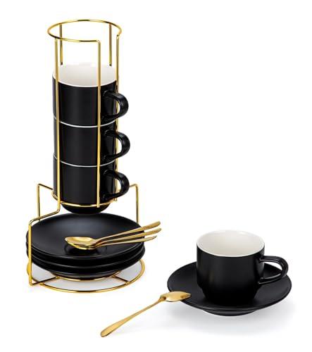 Lareina 8 Ounce Porcelain Cappuccino Cups Set of 4, Stackable Coffee Cups with Saucers, Spoons and Metal Stand -for Specialty Coffee Drinks, Cappuccino, Latte, Americano and Tea, Black