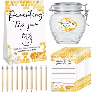 Roowest Baby Shower Advice Cards for New Parents to Be - Tip Jar Sign for New Parents 60 Parenting Advice Cards 10 HB Pencils 2 Cute Stickers 1 Pet Bottle for Guests Games (Honey)