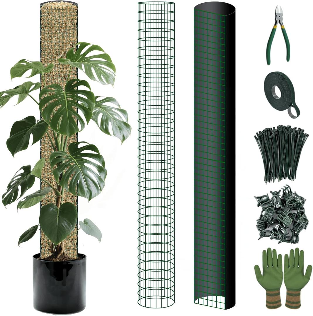 10ft/20ft/40ft DIY Metal Mesh Sphagnum Moss Pole Monstera Plant Support Self Watering Plant Poles for Climbing Indoor Plants(10ft Coated Wire Mesh 4ft Plastic Moss Poles) (Black)