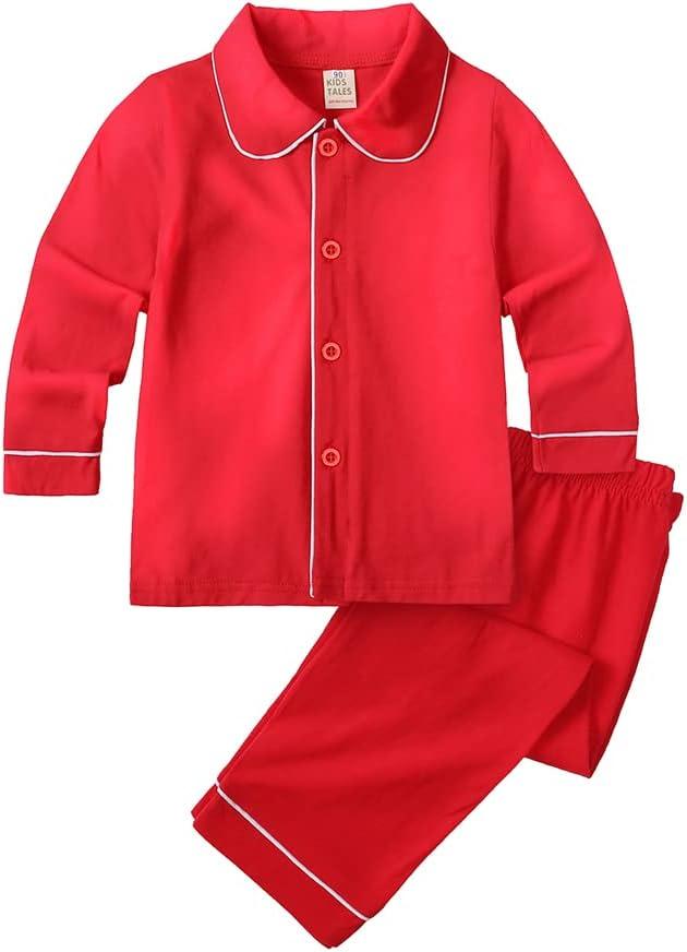 Kids Tales Girls Boys Button-Down Pajamas Set Toddler Christmas Sleepwear Red Long Sleeve Shirt Tops + Pants Nightwear PJS (2-3T)