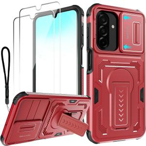 for Samsung Galaxy A16/A17/A26-5G Phone Case with HD Screen Protector(2 Packs)+Slide Camera Cover,Military-Grade Heavy-Duty Shockproof Phone Case with Built-in Folding Kickstand+Lanyard, Red