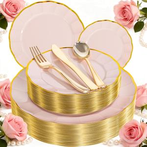 ejonirinjonir EI 150pcs Pink Plastic Plates with Gold Plastic Silverware,Pink Party Plates,Heavy Duty Plate Disposable,Gold Dinnerware Set for Birthday, Afternoon Tea,Wedding,Valentine's Day
