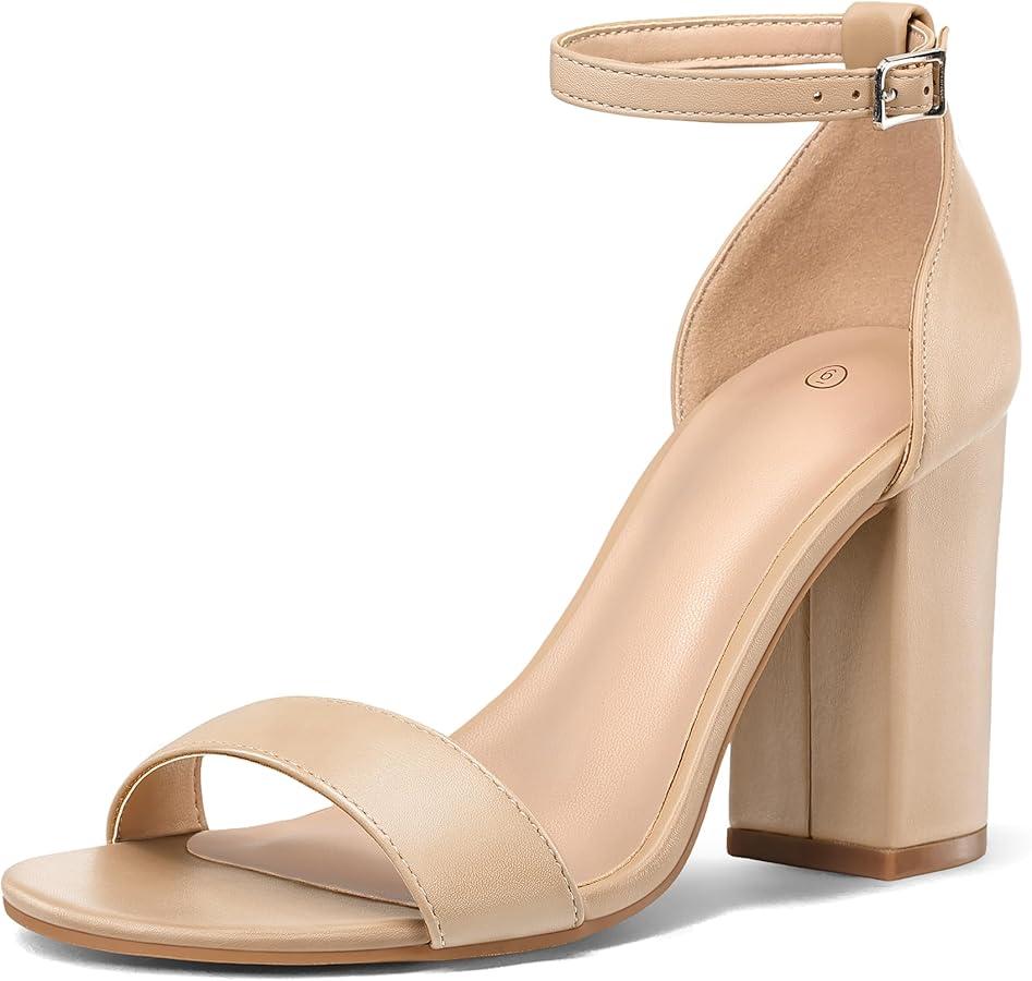COASIS Women's Chunky Block Heels Open Toe Ankle Strap 3.5 Inch Heeled Sandals, Beige, Size 7 