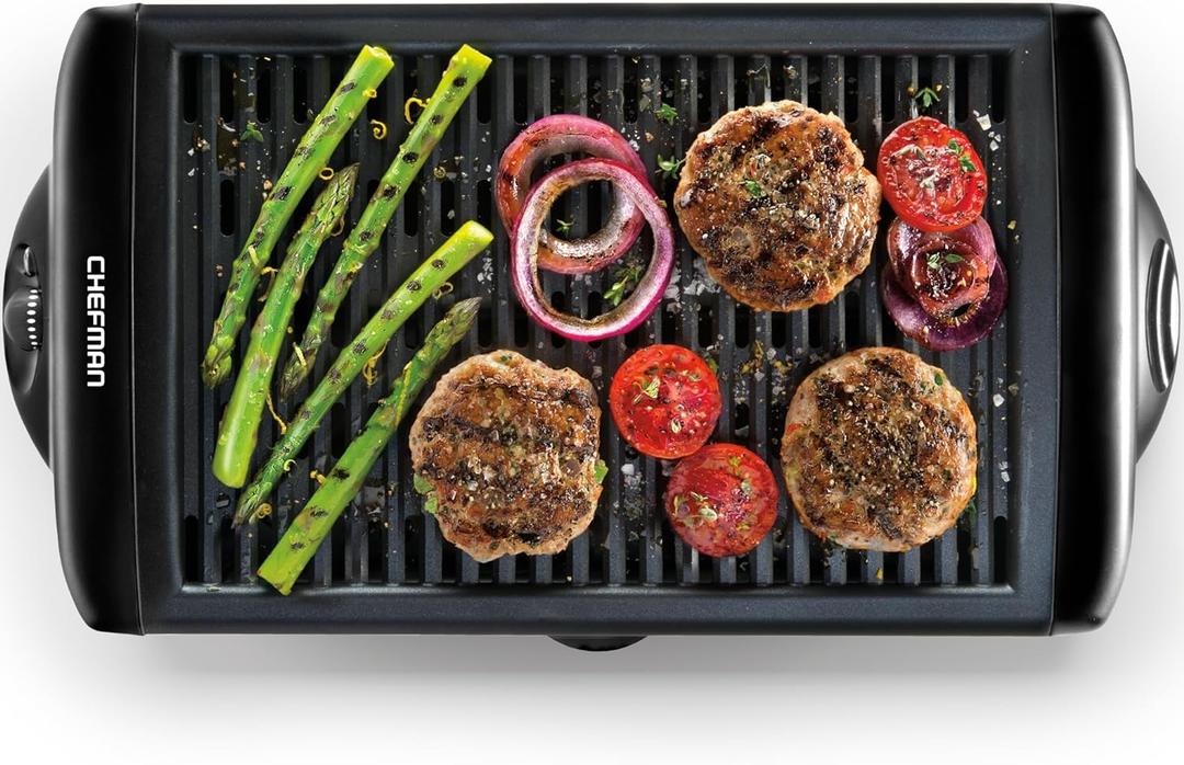 Chefman Electric Smokeless Indoor Grill w/ Non-Stick Cooking Surface & Adjustable Temperature Knob from Warm to Sear for Customized BBQing, Dishwasher Safe Removable Water Tray, Black