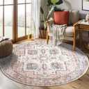 jinchan Round Rug 5ft Area Rug - Machine Washable 5'Circle Vintage Floral Non-Slip with Rubber Backing Ultra-Thin Low-Pile Carpet for Bedroom Living Room Dining Room Entryway (5'Round,Orange) (Retro Orange/Blue)