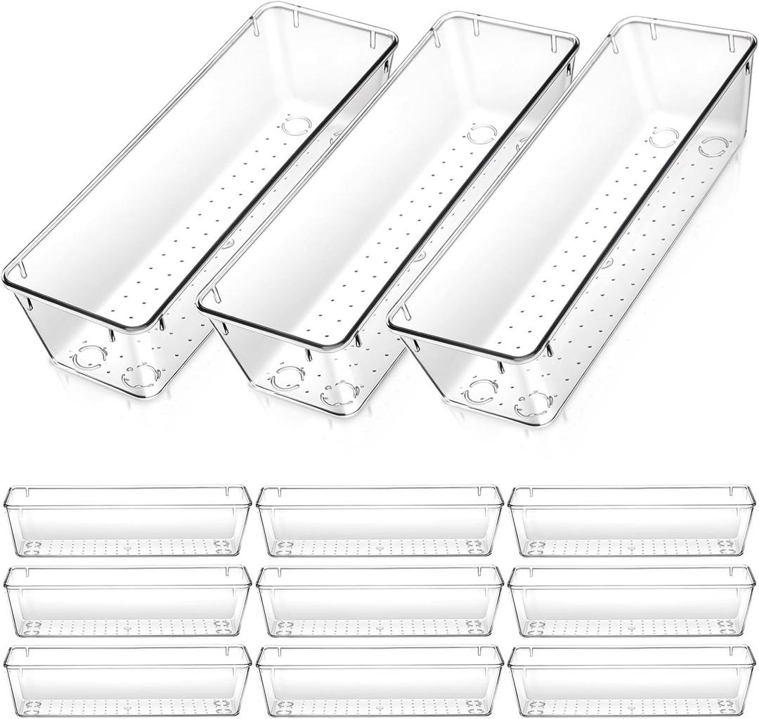 12 Pack Clear Drawer Organizers, Clear Organizer Bins for Drawers, Drawer Organizer Bins - 9 x 3 x 2.2 Inches PET Plastic Storage Trays for Kitchen, Bathroom, Office & Vanity