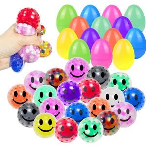 24 Pcs Easter Eggs with Colorful Stress Balls Squishy Balls Fidget Toys Squeeze Balls Bulk for Easter Basket Stuffers Party Favors Easter Egg Fillers (smil Ball)