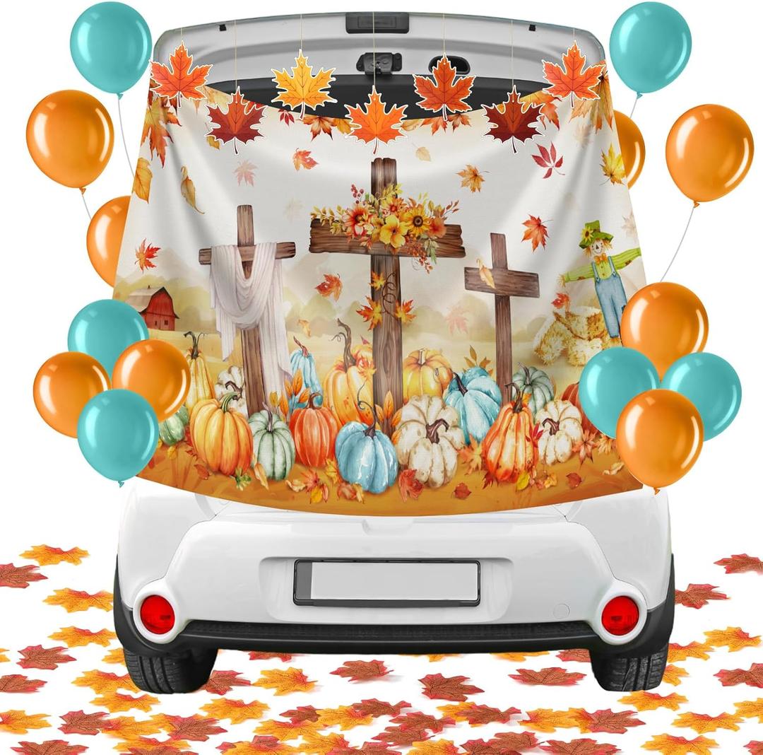 Blosssound 139 Pcs Thanksgiving Christian Trunk or Treat Car Decorations Fall Jesus Backdrop with 100 Artificial Maple Leaves 30 Balloons 8 Maple Leaves Garlands for Suv Car Archway Garage Door Decor