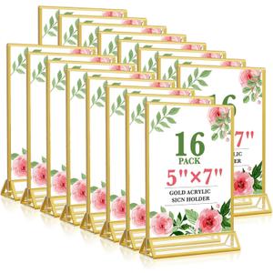 Gold Acrylic Sign Holder 5x7, 16 Pack Wedding Gold Frame Table Number Holders Vertical, Clear Picture Frames Flyer Stands Tables Menu Holder, Double Photo Paper Display Holder for Party, Home, Office