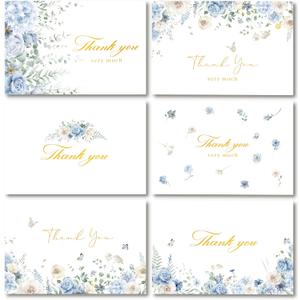 Crisky 50 Pcs Floral Thank You Cards with Envelopes & Stickers, Gold Foil Watercolor Blue WildFlowers Greeting Cards for Bridal Shower, Wedding, Birthday, Baby Shower