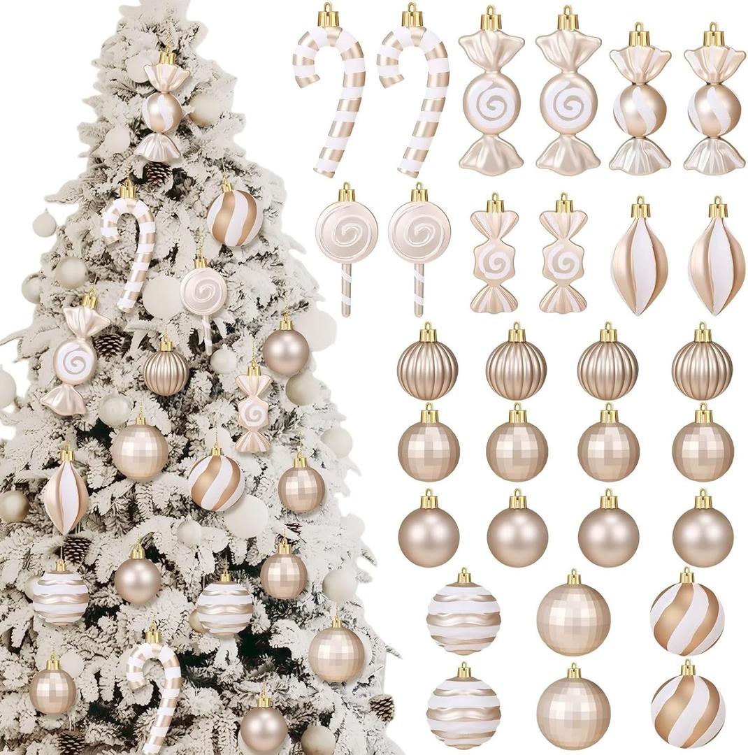 Soulchen 30 Pcs Champagne Christmas Decor Set Champagne Christmas Balls Candy Cane Lollipop Decorations Assorted Plastic Xmas Tree Hanging Ornaments for Home Xmas Holiday Party Decors