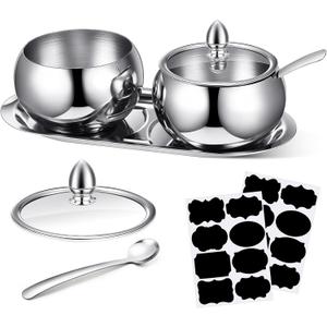 Baderke 2 Pcs 16 oz Stainless Steel Sugar Container with Lid Spoon and Tray Sugar Container Salt Bowl Holder Dispenser with Tag Condiment Pots for Countertop Serving Spice Pepper Kitchen