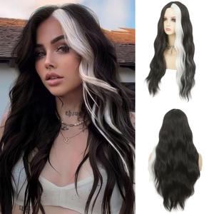 Long Black Curly Wavy Wigs for Women with White Highlight Hair Wig Heat Resistant Synthetic Wig for Halloween Cosplay Use