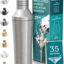 BARE BARREL Insulated Cocktail Shaker Set | Double Wall Stainless Steel | Martini Shaker for Home Bar Bartending | Built-in Drink Measure System & Strainer, Travel Bag, Recipes | Gift Set (A. Silver)