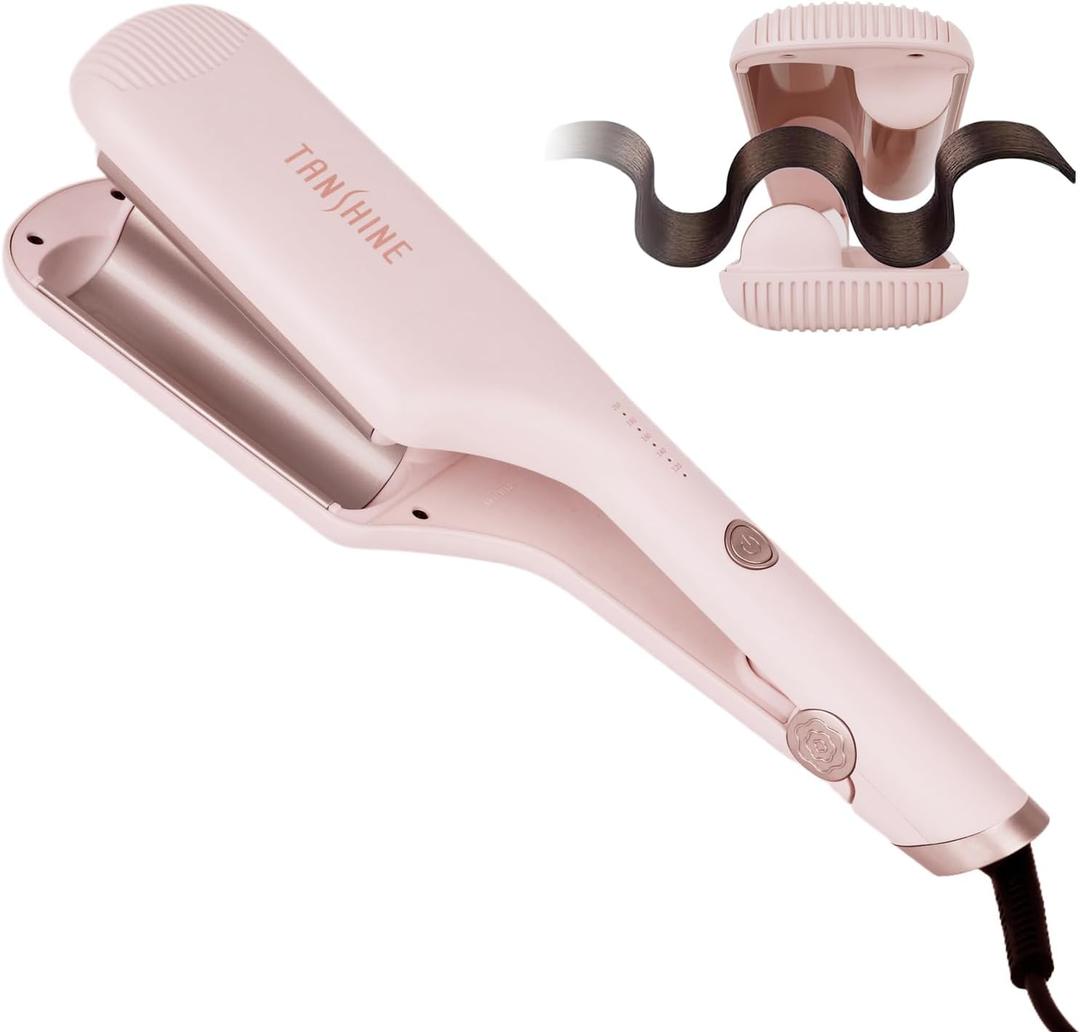 TANSHINE Curling Iron Hair Waver, 1.25 Inch Dual Barrel Barrel Ceramic Hair Crimper for Beach Waves, Ionic Deep Waver Curler with Dual Voltage, Anti-Scald Protection Curling Wand, Adjustable Temp, Pink