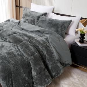 YIYEA Faux Fur Queen Size Comforter Set, Luxury Ultra Soft Fluffy Comforter, Plush Fuzzy Bedding Comforter Sets for Fall Winter, Cozy Warmth, No Shedding, 3PC, Queen, Dark Grey
