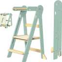 Grownsy Safety Upgrade Foldable Kitchen Helper Step Stool Toddler Tower | One-Click Lock, 3-Second Folding, 3 Adjustable Heights, Sturdy A-Frame Support, Easy Storage, Ages 15 Months to 6 Years